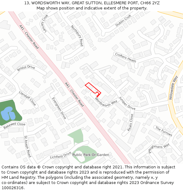 13, WORDSWORTH WAY, GREAT SUTTON, ELLESMERE PORT, CH66 2YZ: Location map and indicative extent of plot