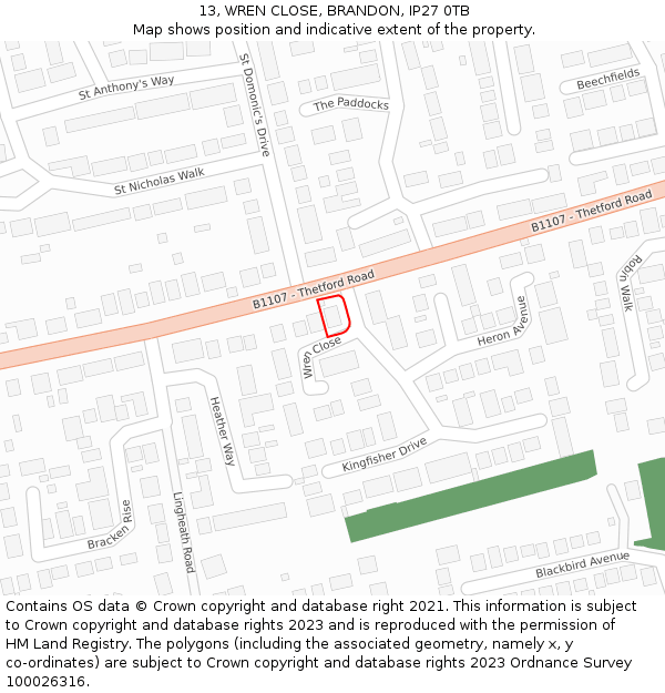 13, WREN CLOSE, BRANDON, IP27 0TB: Location map and indicative extent of plot