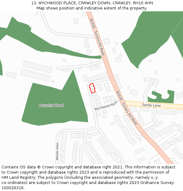 13, WYCHWOOD PLACE, CRAWLEY DOWN, CRAWLEY, RH10 4HN: Location map and indicative extent of plot