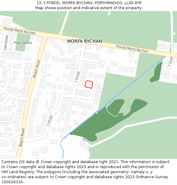13, Y FFRIDD, MORFA BYCHAN, PORTHMADOG, LL49 9YR: Location map and indicative extent of plot