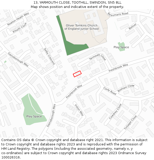 13, YARMOUTH CLOSE, TOOTHILL, SWINDON, SN5 8LL: Location map and indicative extent of plot