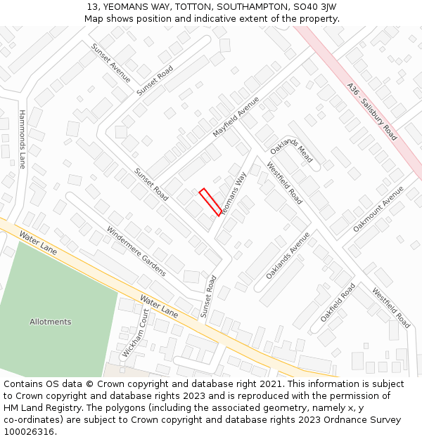 13, YEOMANS WAY, TOTTON, SOUTHAMPTON, SO40 3JW: Location map and indicative extent of plot