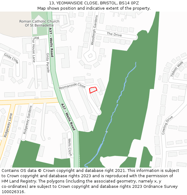 13, YEOMANSIDE CLOSE, BRISTOL, BS14 0PZ: Location map and indicative extent of plot