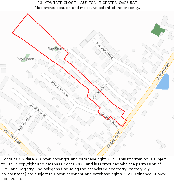 13, YEW TREE CLOSE, LAUNTON, BICESTER, OX26 5AE: Location map and indicative extent of plot