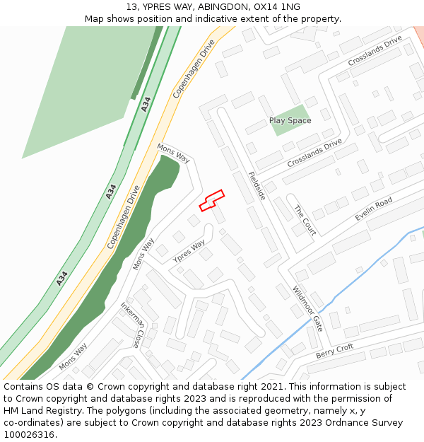 13, YPRES WAY, ABINGDON, OX14 1NG: Location map and indicative extent of plot