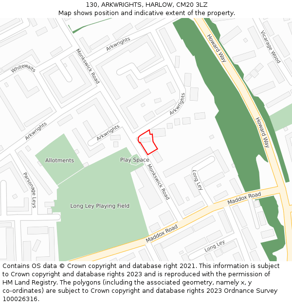 130, ARKWRIGHTS, HARLOW, CM20 3LZ: Location map and indicative extent of plot