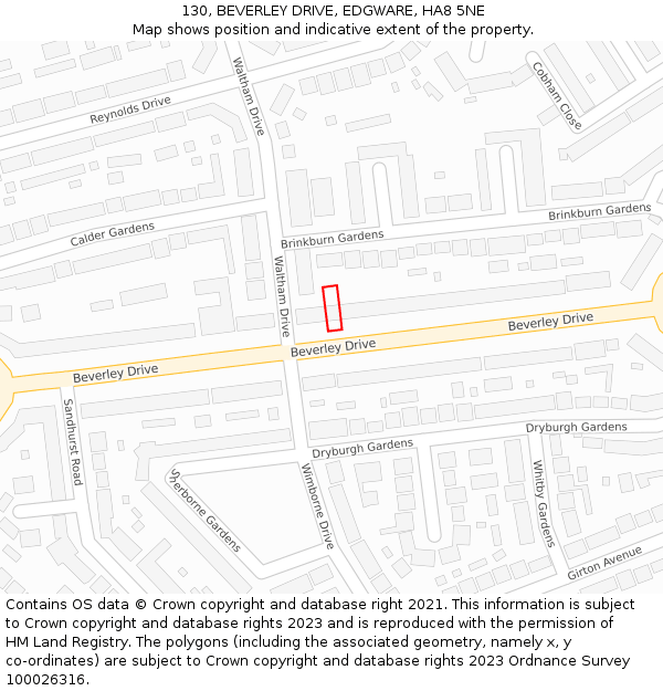 130, BEVERLEY DRIVE, EDGWARE, HA8 5NE: Location map and indicative extent of plot