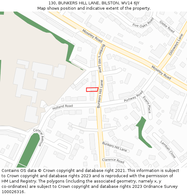 130, BUNKERS HILL LANE, BILSTON, WV14 6JY: Location map and indicative extent of plot