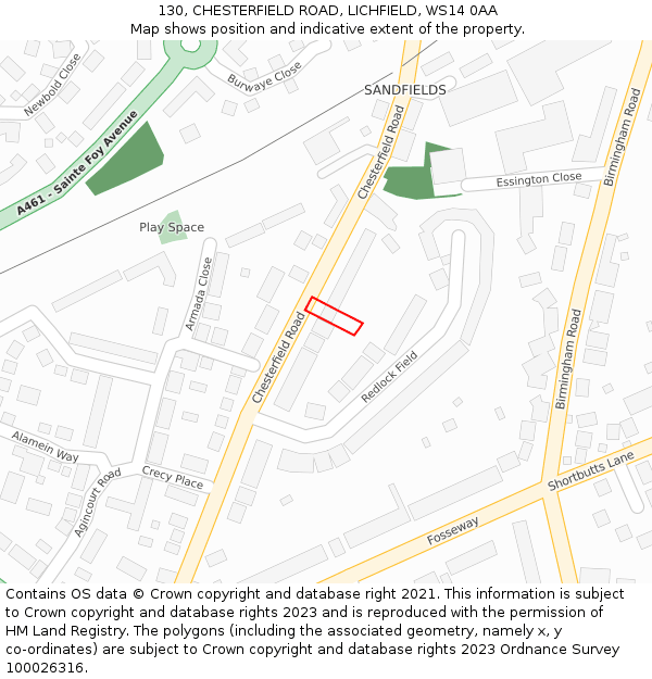 130, CHESTERFIELD ROAD, LICHFIELD, WS14 0AA: Location map and indicative extent of plot