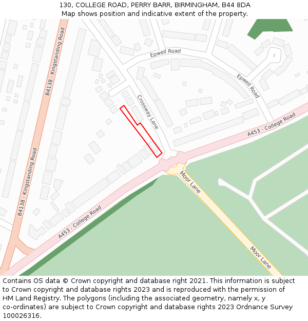 130, COLLEGE ROAD, PERRY BARR, BIRMINGHAM, B44 8DA: Location map and indicative extent of plot