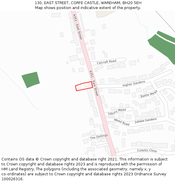 130, EAST STREET, CORFE CASTLE, WAREHAM, BH20 5EH: Location map and indicative extent of plot