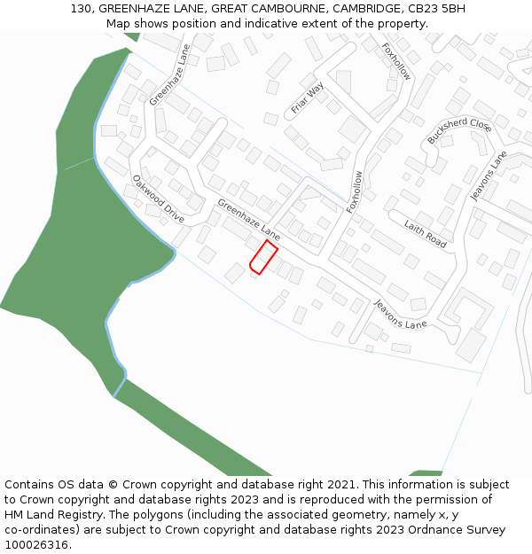 130, GREENHAZE LANE, GREAT CAMBOURNE, CAMBRIDGE, CB23 5BH: Location map and indicative extent of plot