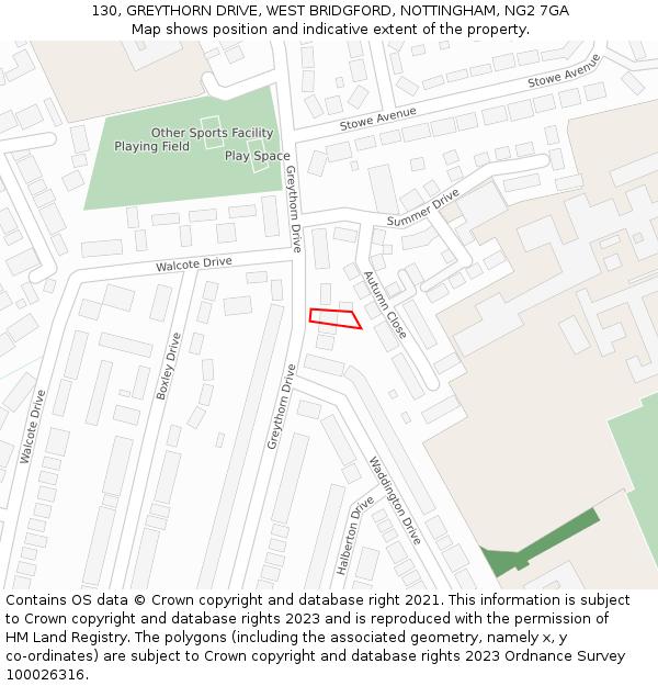 130, GREYTHORN DRIVE, WEST BRIDGFORD, NOTTINGHAM, NG2 7GA: Location map and indicative extent of plot