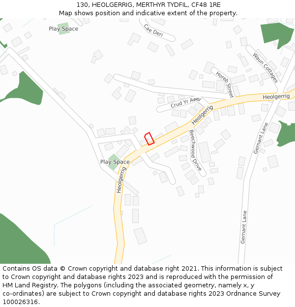 130, HEOLGERRIG, MERTHYR TYDFIL, CF48 1RE: Location map and indicative extent of plot