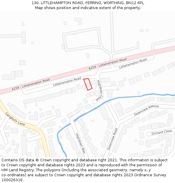 130, LITTLEHAMPTON ROAD, FERRING, WORTHING, BN12 6PL: Location map and indicative extent of plot