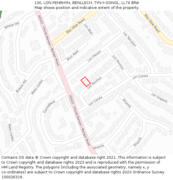130, LON PENRHYN, BENLLECH, TYN-Y-GONGL, LL74 8RW: Location map and indicative extent of plot