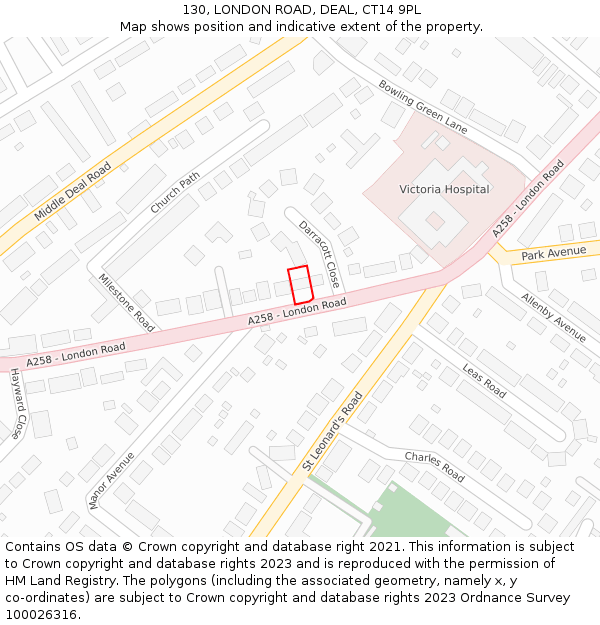 130, LONDON ROAD, DEAL, CT14 9PL: Location map and indicative extent of plot