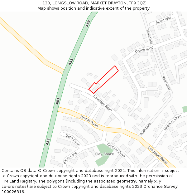 130, LONGSLOW ROAD, MARKET DRAYTON, TF9 3QZ: Location map and indicative extent of plot