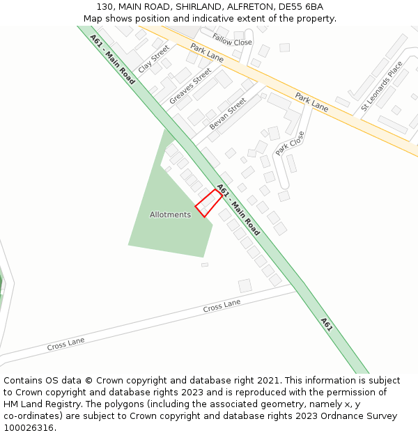 130, MAIN ROAD, SHIRLAND, ALFRETON, DE55 6BA: Location map and indicative extent of plot