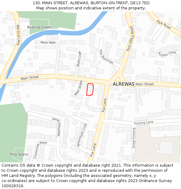 130, MAIN STREET, ALREWAS, BURTON-ON-TRENT, DE13 7ED: Location map and indicative extent of plot