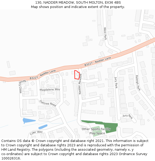 130, NADDER MEADOW, SOUTH MOLTON, EX36 4BS: Location map and indicative extent of plot