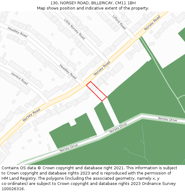 130, NORSEY ROAD, BILLERICAY, CM11 1BH: Location map and indicative extent of plot
