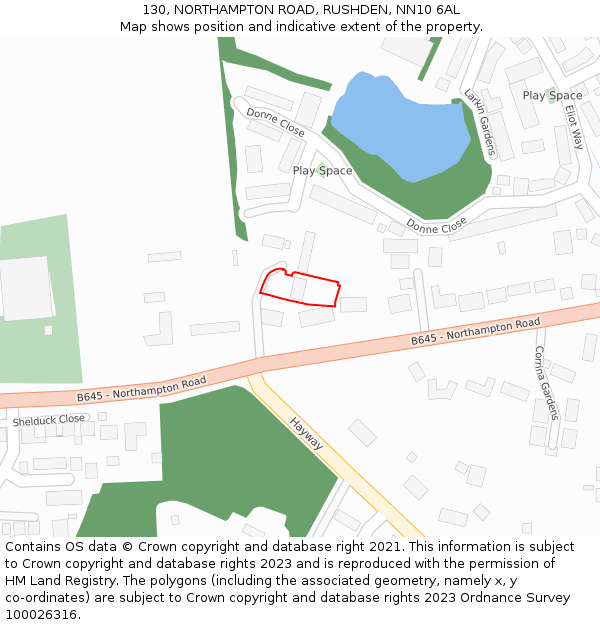 130, NORTHAMPTON ROAD, RUSHDEN, NN10 6AL: Location map and indicative extent of plot