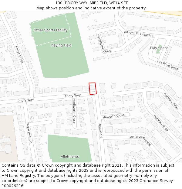 130, PRIORY WAY, MIRFIELD, WF14 9EF: Location map and indicative extent of plot