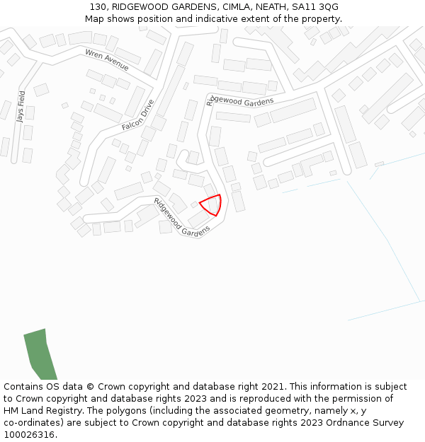 130, RIDGEWOOD GARDENS, CIMLA, NEATH, SA11 3QG: Location map and indicative extent of plot