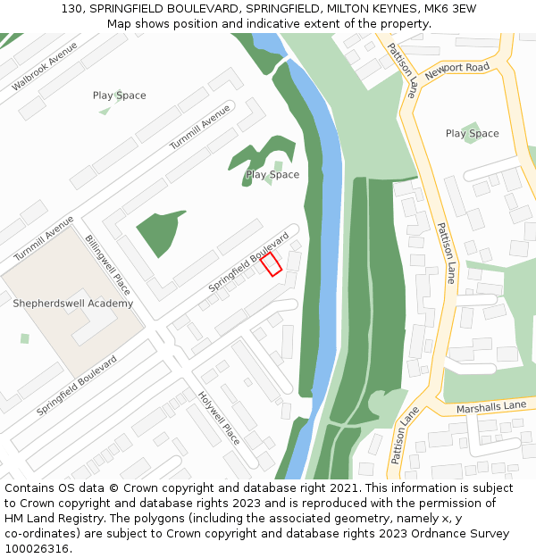 130, SPRINGFIELD BOULEVARD, SPRINGFIELD, MILTON KEYNES, MK6 3EW: Location map and indicative extent of plot