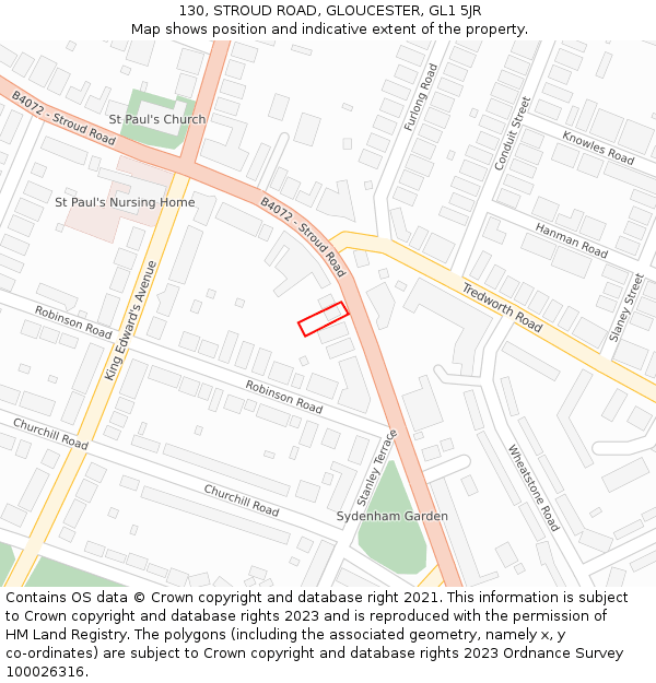 130, STROUD ROAD, GLOUCESTER, GL1 5JR: Location map and indicative extent of plot