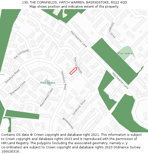 130, THE CORNFIELDS, HATCH WARREN, BASINGSTOKE, RG22 4QD: Location map and indicative extent of plot