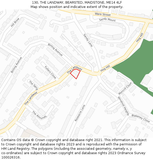 130, THE LANDWAY, BEARSTED, MAIDSTONE, ME14 4LF: Location map and indicative extent of plot