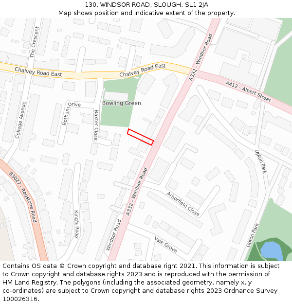 130, WINDSOR ROAD, SLOUGH, SL1 2JA: Location map and indicative extent of plot