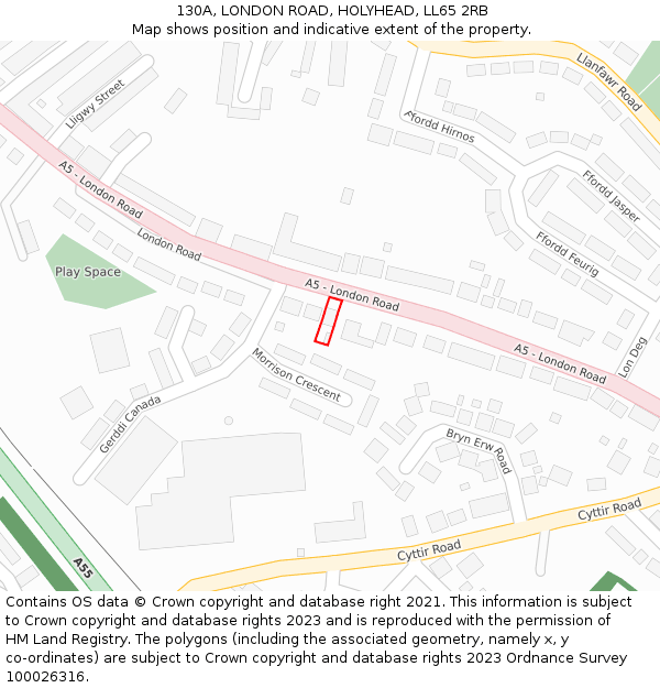 130A, LONDON ROAD, HOLYHEAD, LL65 2RB: Location map and indicative extent of plot