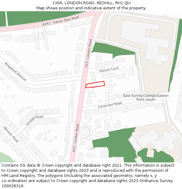 130A, LONDON ROAD, REDHILL, RH1 2JU: Location map and indicative extent of plot