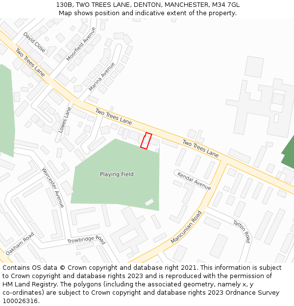 130B, TWO TREES LANE, DENTON, MANCHESTER, M34 7GL: Location map and indicative extent of plot