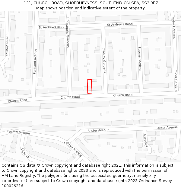 131, CHURCH ROAD, SHOEBURYNESS, SOUTHEND-ON-SEA, SS3 9EZ: Location map and indicative extent of plot