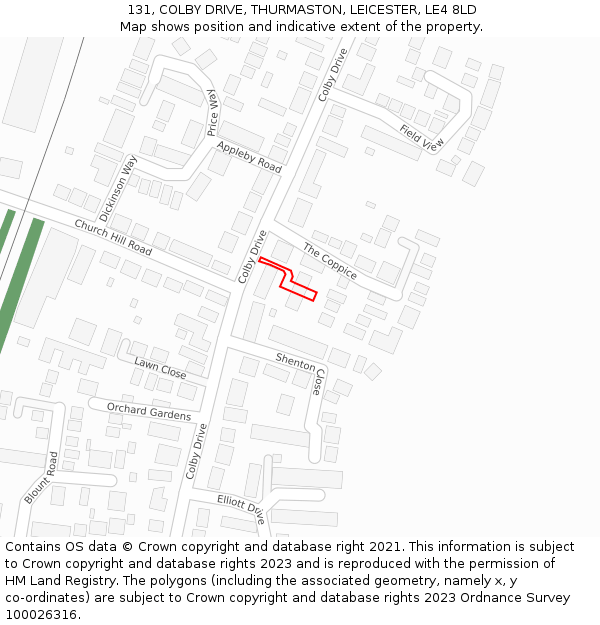 131, COLBY DRIVE, THURMASTON, LEICESTER, LE4 8LD: Location map and indicative extent of plot