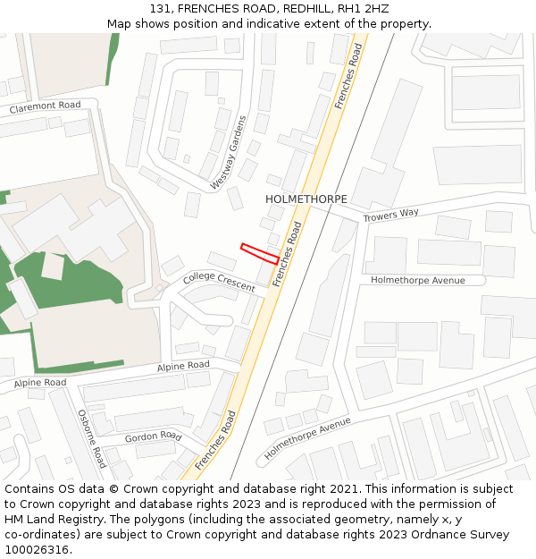 131, FRENCHES ROAD, REDHILL, RH1 2HZ: Location map and indicative extent of plot