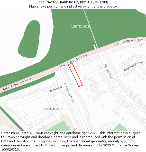 131, GATTON PARK ROAD, REDHILL, RH1 2EB: Location map and indicative extent of plot