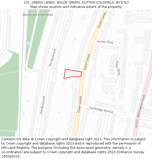131, GREEN LANES, WYLDE GREEN, SUTTON COLDFIELD, B73 5LT: Location map and indicative extent of plot