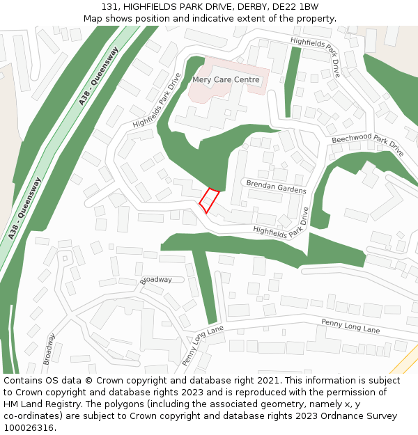131, HIGHFIELDS PARK DRIVE, DERBY, DE22 1BW: Location map and indicative extent of plot