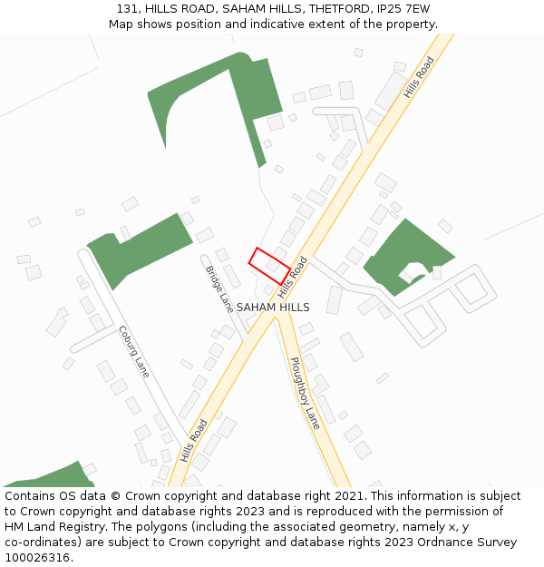 131, HILLS ROAD, SAHAM HILLS, THETFORD, IP25 7EW: Location map and indicative extent of plot