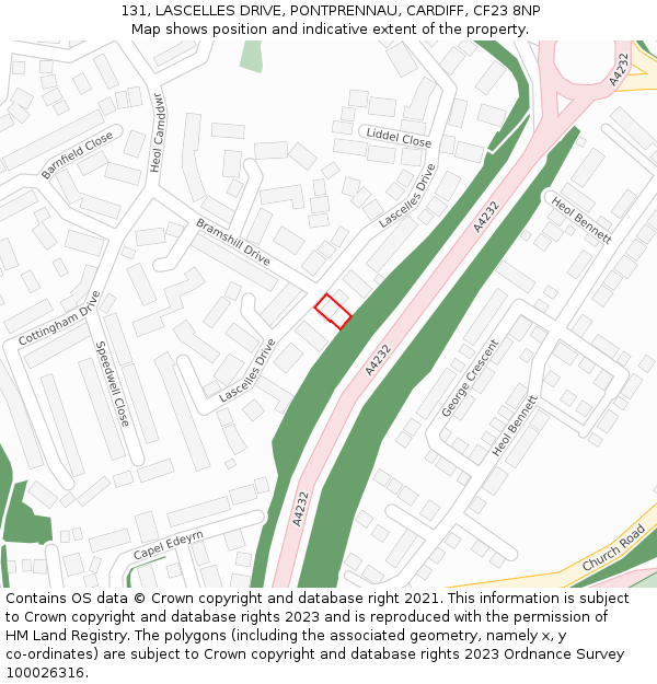 131, LASCELLES DRIVE, PONTPRENNAU, CARDIFF, CF23 8NP: Location map and indicative extent of plot