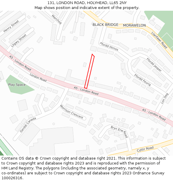 131, LONDON ROAD, HOLYHEAD, LL65 2NY: Location map and indicative extent of plot