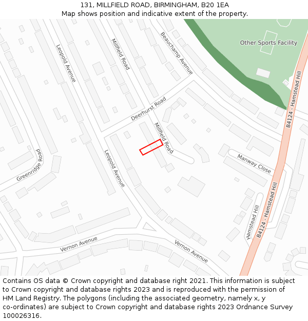 131, MILLFIELD ROAD, BIRMINGHAM, B20 1EA: Location map and indicative extent of plot