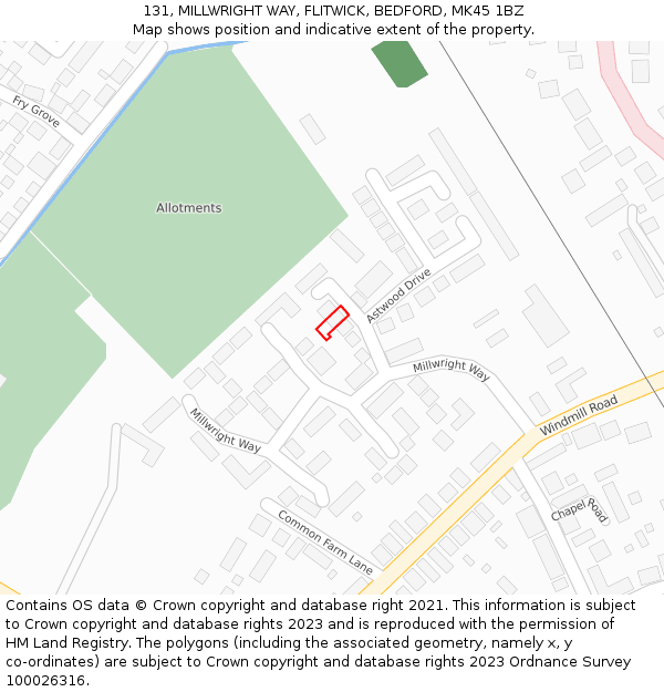 131, MILLWRIGHT WAY, FLITWICK, BEDFORD, MK45 1BZ: Location map and indicative extent of plot