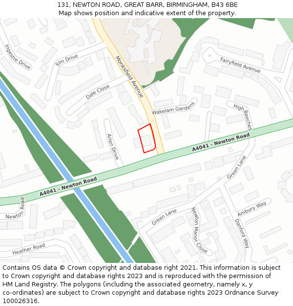 131, NEWTON ROAD, GREAT BARR, BIRMINGHAM, B43 6BE: Location map and indicative extent of plot