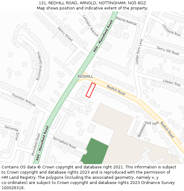 131, REDHILL ROAD, ARNOLD, NOTTINGHAM, NG5 8GZ: Location map and indicative extent of plot